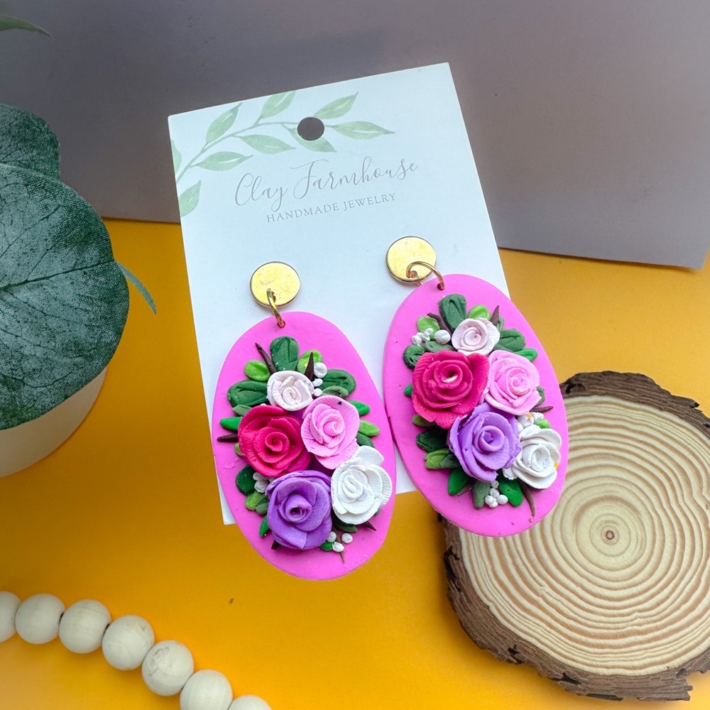Floral pink polymer clay earrings